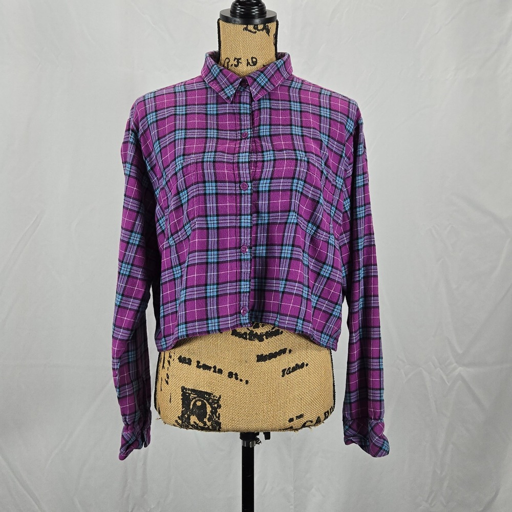 Riders by Lee Women Purple Plaid Cropped Flannel Shirt XXL Grunge Y2K